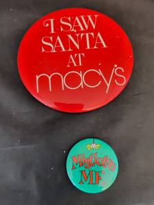 lot 266 image: 2 Holiday Buttons I Saw Santa at Macys Mistletoe MF