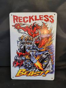 lot 270 image: Reckless Beast Metal Sign Hot Rod Demon Engine