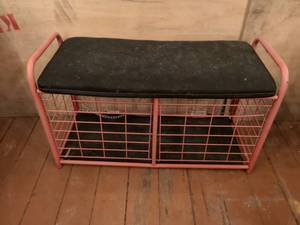 lot 315 image: Dongrong Metal Products Storage Bench Pink Frame Black Cushion Seat