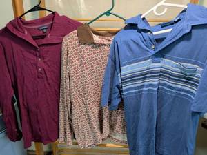 lot 84 image: 3-Piece Womens Clothing Lot Maroon Jacket Blue Striped Shirt Patterned Top XL
