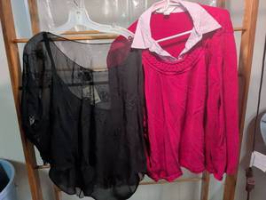 lot 112 image: Silkland Woman 2-Piece Lot Black Sheer Top Pink Striped Shirt