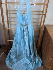 lot 152 image: Blue Glitter Halter Formal Gown with Beaded Waist and Train
