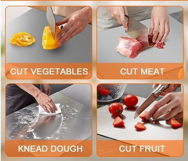 lot 47169 image: Stainless Steel Counter Cutting Board for Kitchen with Lip, Metal Counter Chopping Board Cover for Kitchen,Use for MeatFruitsVegetables Bread and Baking,15.7L x 11.8W, Scratched Down the Middle. - Retail $25