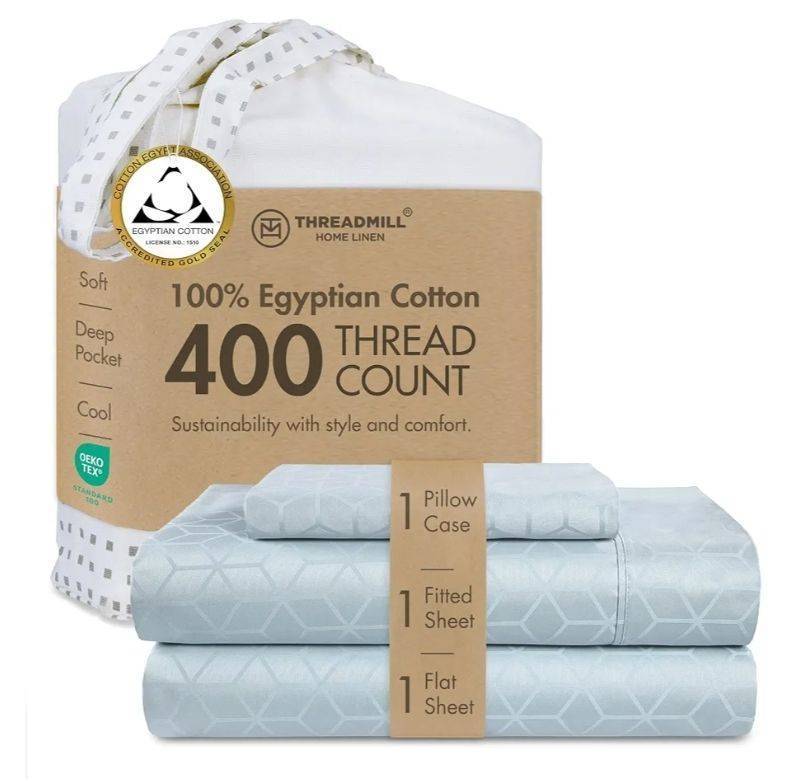 lot 47176 image: Threadmill 400TC Egyptian Cotton Twin Sheet Set, Jacquard, Light Blue100% Egyptian Cotton, Jacquard Pattern, 3-Piece Set, Twin XL - Retail $57