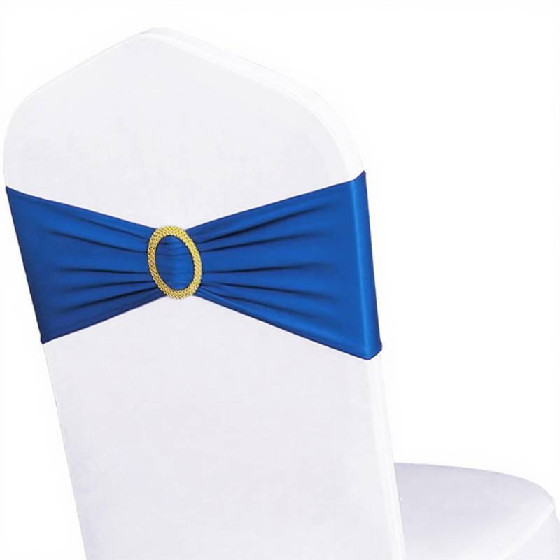 lot 47185 image: Pack of 50 Royal Blue Chair Sashes with Gold Buckles Chair Bands Bows - Retail $31