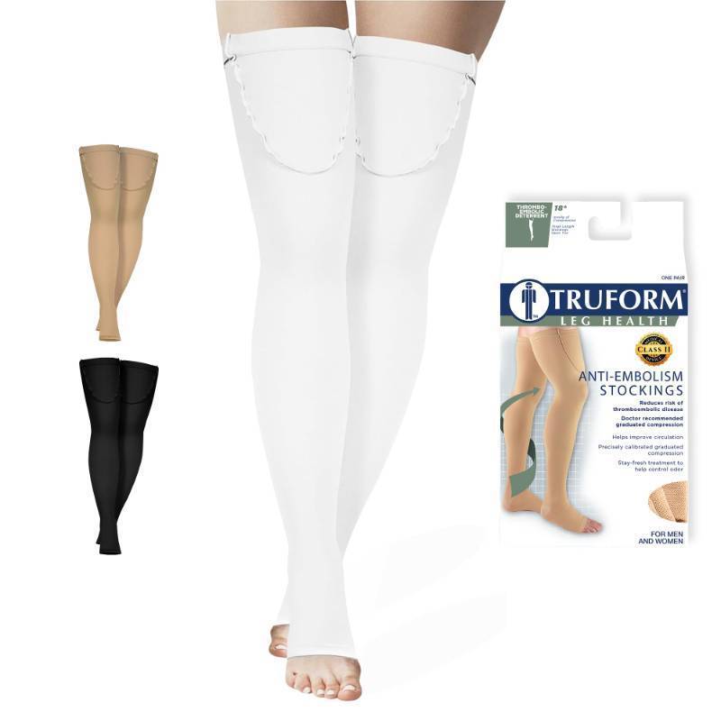 lot 73835 image: Truform Anti-Embolism Medical Compression Stockings for Post Surgery Hospital Recovery, DVT, Edema, Swelling, Embolism, 18 mmHg, Men & Women Thigh High Length, Open Toe, White, Large, 1 pcs(1 pc missing) - Retail $19