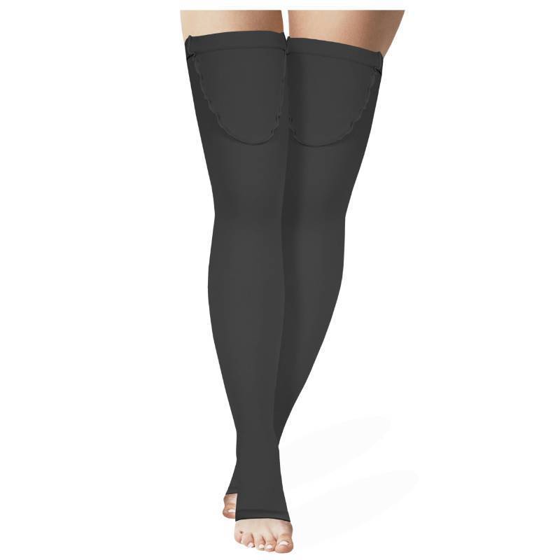 lot 73836 image: Truform Anti-Embolism Medical Compression Stockings for Post Surgery Hospital Recovery, DVT, Edema, Swelling, Embolism, 18 mmHg, Men & Women Thigh High Length, Open Toe, Black, Medium - Retail $26