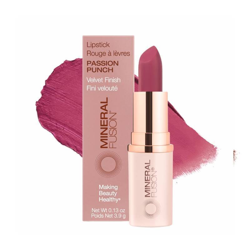 lot 73849 image: Mineral Fusion Long-Lasting Lipstick, Vivid & Smudge-Free Lip Color with Avocado Oil, Cocoa Seed Butter, Free of FD&C Dyes, Paraben and Gluten, Passion Punch - Retail $20