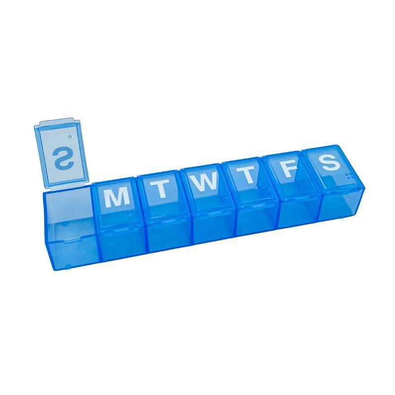 lot 73898 image: Amazon Basic Care 7-Day Weekly Pill Organizer, Portable Medicine and Vitamin Planner Box with Medium Compartments, Blue - Retail $4