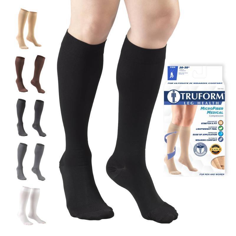 lot 73919 image: Truform 20-30 mmHg Compression Stockings for Men and Women, Knee High Length, Closed Toe, Black, Medium - Retail $21