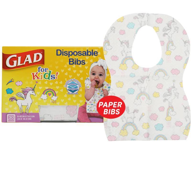 lot 73993 image: Glad for Kids Disposable Paper Bibs with Crumb Catcher, Unicorns, 30 Count - Retail $8