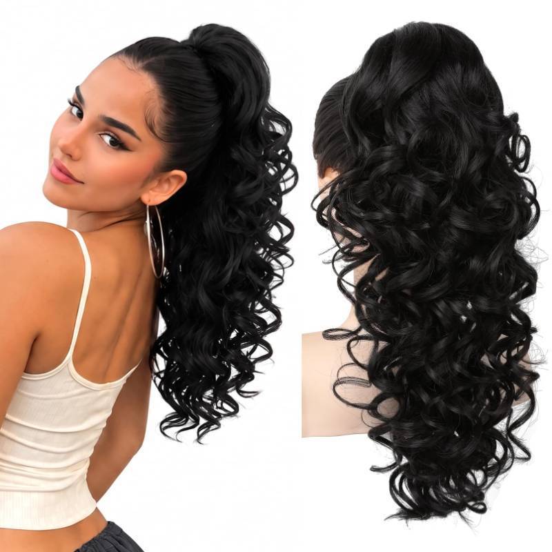 lot 73997 image: SEIKEA Ponytail Extension, 18 Fluffy Long Wavy Curly Claw Clip Hair Extensions Ponytail Multi-layered Clip in Fake Pony Tails Natural Soft Synthetic Hairpiece Black - Retail $19
