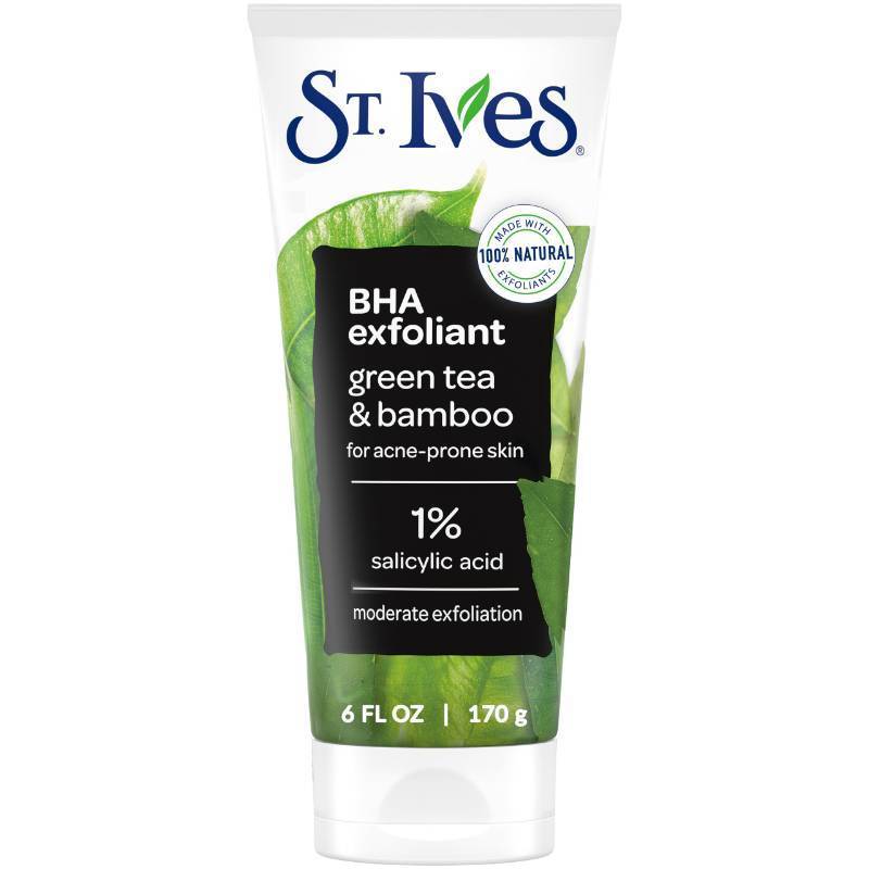 lot 74007 image: St. Ives Blackhead Clearing Face Scrub, Clears Blackheads & Unclogs Pores, Green Tea & Bamboo, Salicylic Acid Acne Treatment Facial Scrub, Moderate Exfoliator Skin Care with Natural Exfoliants 6 oz - Retail $2