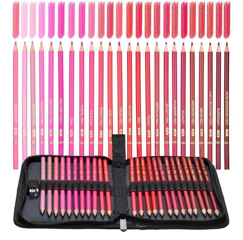 lot 73758 image: Red Pink Colored Pencils,Oil Based Wooden Colored Pencil Set for Adults Coloring Books Drawing Sketching Art Supplies 24 Color - Retail $16