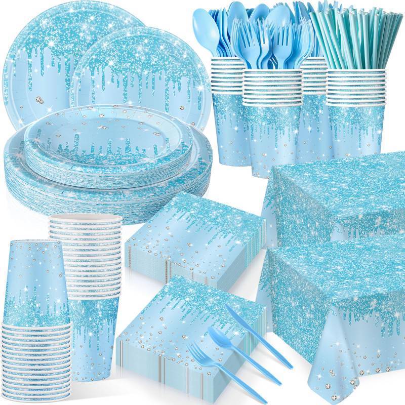 lot 18529 image: 452 Pcs Light Blue Party Decoration Include Glitter Baby Blue Paper Plates Napkins Cups Tablecloth Cutlery Straws Tableware for Baby Shower Birthday Wedding Graduation Party Supplies - Retail $37