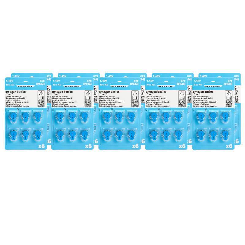 lot 64431 image: Amazon Basics 60-Pack Size 675 Zinc-Air Hearing Aid Batteries, 1.45 Volt, Blue Tab, 4-Year Shelf Life, Mercury Free, Child-Safe Package (Use Scissors to Open) - Retail $16