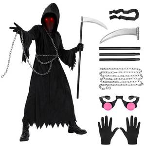 lot 39395 image: Grim Reaper Costume for Kids Boys, Halloween Scary Grim Reaper Costume with Glowing Red Eyes, Scythe, Chain (Black-Kids, Kids-XL(12-14Years)) - Retail $24