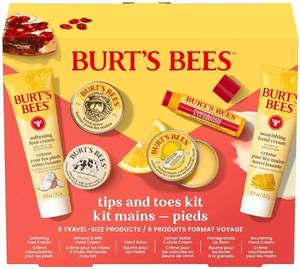 lot 39411 image: Burts Bees Tips and Toes Kit Gift Set, 6 Travel Size ProductsPomegranate Moisturizing Lip Balm, 2 Hand Creams, Foot Cream, Cuticle Cream, and Hand Salve, Skin Care Essentials - Retail $15
