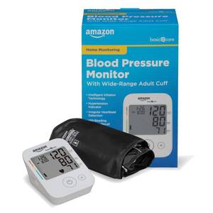 lot 39413 image: Amazon Basic Care Blood Pressure Monitor, Wide Range Arm Cuff, Intelligent Inflation Technology, Home Monitoring, Hypertension Indicator, Irregular Heartbeat Detection, Large (Previously Healthwise) - Retail $22