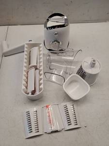lot 39434 image: Rotary Cheese Grater Hand Crank Cheese Shredder for Fresh Cheese, Vegetable, Nuts,Non-slip Suction Base, Five Blades - Retail $35
