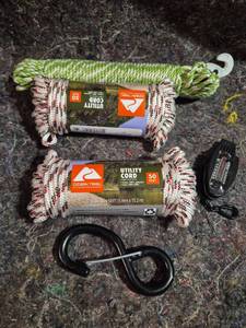 lot 2 image: Ozark Trail Outdoor Equipment Utility Cord 50 ft Rope Carabiner Compass Whistle Lot