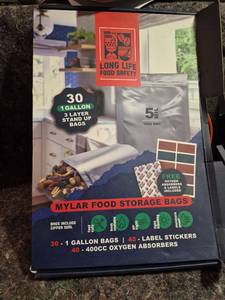 lot 19 image: Long Life Food Safety Mylar Food Storage Bags 1 Gallon 30-Count with Oxygen Absorbers