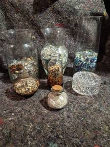 lot 26 image: Glass Vases Jars and Decorative Containers Lot with Beads and Fillers