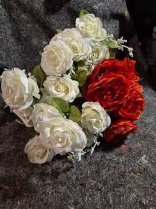 lot 32 image: Artificial Rose and Peony Mixed Flower Bouquet White and Red-Orange