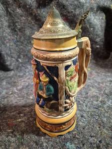lot 40 image: Decorative Beer Stein with Metal Lid and Handle Colorful Figures