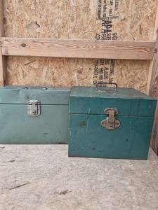 lot 303 image: Metal Storage Box Lot 2 Green Tool Chests with Handles and Latches