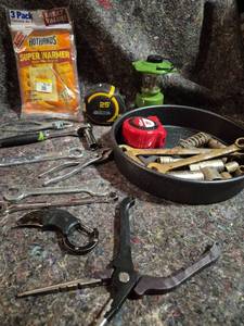 lot 424 image: Mechanics Hand Tools Lot Tape Measure Wrenches Lantern Hothands Warmer