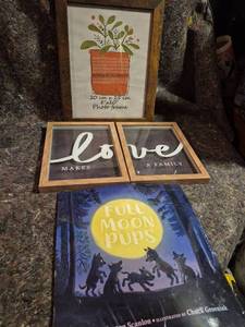 lot 429 image: 3-Piece Lot 2 Framed Wood Wall Art Love Makes A Family & Full Moon Pups Book