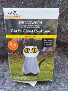 lot 510 image: Way to Celebrate Halloween Airblown Inflatable Cat in Ghost Costume 3.5 ft Lights Up