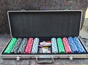 lot 521 image: Poker Chip Set with Aluminum Case, Dice, Cards and Dealer Button