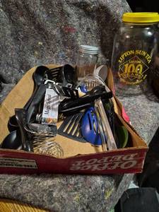 lot 567 image: Kitchen Utensil Lot Serving Spoons Forks Slotted Spoon Wood Handle