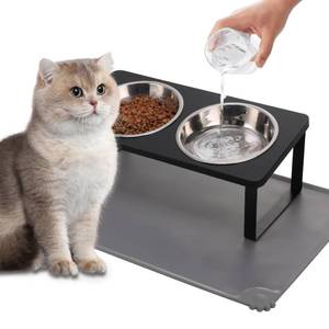 lot 1879 image: Summark Upgraded Elevated Cat Bowls with Food Mat,15°Tilted Stand Anti Vomiting Raised Cat Dishes for Food and Water,2 Stainless Steel Bowls for Cats and Puppy��Black��