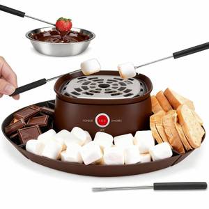 lot 1885 image: SugarWhisk 2 in 1 Electric Smore Maker & Fondue Set, Marshmallow Roaster with 4 Forks, Indoor Smores Kit for Kids & Couples, Cheese & Chocolate Fondue Pot, 4 Detachable Trays, Brown