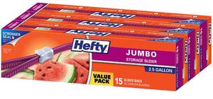 lot 1894 image: Hefty Slider Jumbo Storage Bags, 2.5 Gallon Size, 3 Boxes of 15 Bags (45 Total)