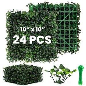 lot 1900 image: Ticanros Grass Wall 24 Pack 10x10 Artificial Boxwood Hedge Wall Panels, Privacy Hedge Screen Faux Boxwood for Outdoor,Indoor,Garden,Fence,Backyard,Greenery Walls