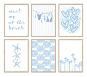lot 2353 image: Gschupy Beach Theme Wall Art Set of 6, Light Blue Coastal Canvas Prints with Starfish��Seashell��Palm Tree, Unframed Beach Wall Decor Posters for Apartment Dormitory Coastal Home Decoration 8x10inch