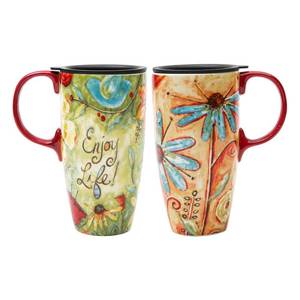 lot 7359 image: CEDAR HOME Travel Coffee Ceramic Mug Porcelain Latte Tea Cup With Lid in Box 17oz., Flower Enjoy Life, 2 Pack