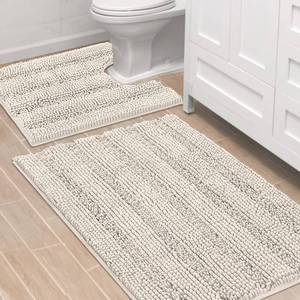 lot 7927 image: H.VERSAILTEX Bathroom Rugs Bath Rug Set 2 Piece Bathroom Contour Rug Toilet Mat Sets Non Slip Contour Bath Rug Ultra Thick Water Absorbent Striped Bath Mats Washable(36 x 24 Plus 20 x 24 U, Ivory)