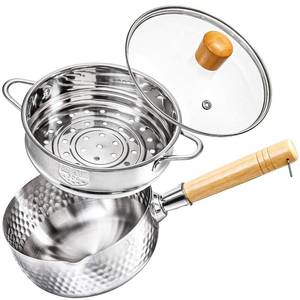 lot 7936 image: DEAYOU Stainless Steel Saucepan with Steamer, 1.2 Quart Yukihira Sauce Pan with Lid, Traditional Japanese Small Cooking Pot with Wood Handle and Two Side Spouts for Milk, Ramen, Soup, Tempura, 7