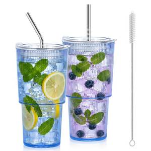 lot 7961 image: 2 Pcs 20oz Plastic Ribbed Tumblers with Lid and Straws Blue Plastic Reusable Iced Coffee Cups with Lid Unbreakable Vintage Ribbed Drinking Glasses Tumbler for Juice Smoothie Beverage with Clean Brush
