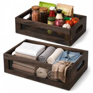 lot 7965 image: ExaEon 2 Pcs Wood Basket, Dual-Sizes Pantry Basket with Wire Mesh, Dark Brown Rustic Nesting Vegetable Basket for Kitchen, Countertop, Bathroom, Bathroom Storage