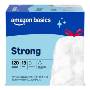lot 8374 image: Amazon Basics Trash Bags, Tall Kitchen Drawstring, Unscented, 13 Gallon, 120 Count, Pack of 1, Packaging May Vary