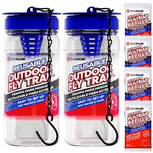 lot 8398 image: 2 Fly Traps Outdoor Fly Trap for Patio with 4 Non-Toxic Dissolvable Bait Refills. Reusable Hanging Bug Catcher Killer for All Filth Flies for Outside Bug Control Yard Ranch. Hanging Chains Included.