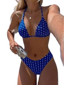 lot 8402 image: QCGRSQ Womens Dots Print Halter Bathing Suit High Waisted Summer Bikini Set Blue S