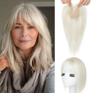 lot 8403 image: SEIKEA Hair Toppers for Women Real Human Hair, 10 Clip in Bangs Hand-tied Base 1.4  2.2inch Natural Realistic with Thinning Hair with Wispy Bangs Silver White