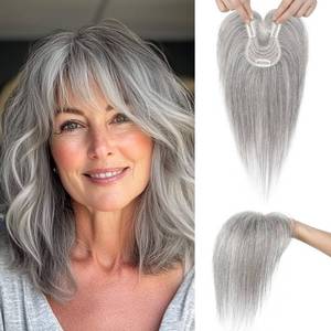 lot 8405 image: SEIKEA Hair Toppers for Women Real Human Hair, 10 Clip in Bangs Hand-tied Base 1.4  2.2inch Natural Realistic with Thinning Hair with Wispy Bangs Light Gray